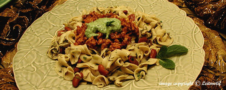 Aghani noodles with lentils, beans, ground meat and yogurt